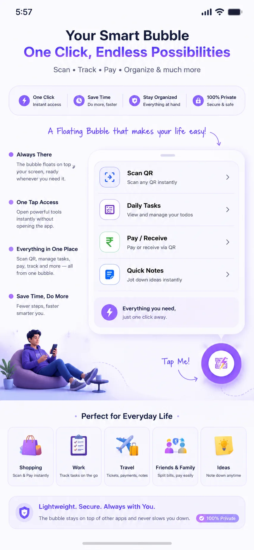 NeedAap Smart Bubble floating quick access menu for UPI scan and pay
