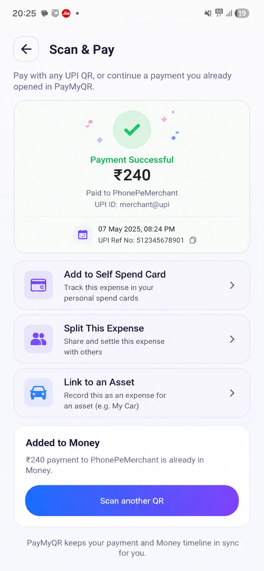 NeedAap post UPI payment screen with split and spend card options