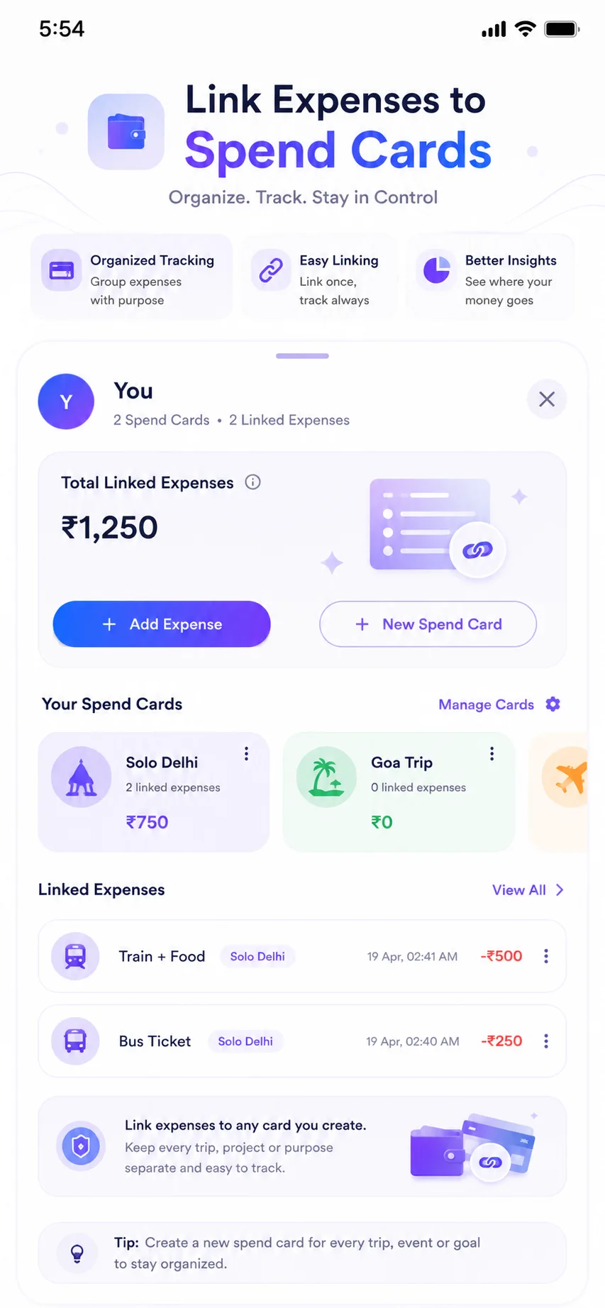 NeedAap self spend cards screen grouping expenses by trip and project