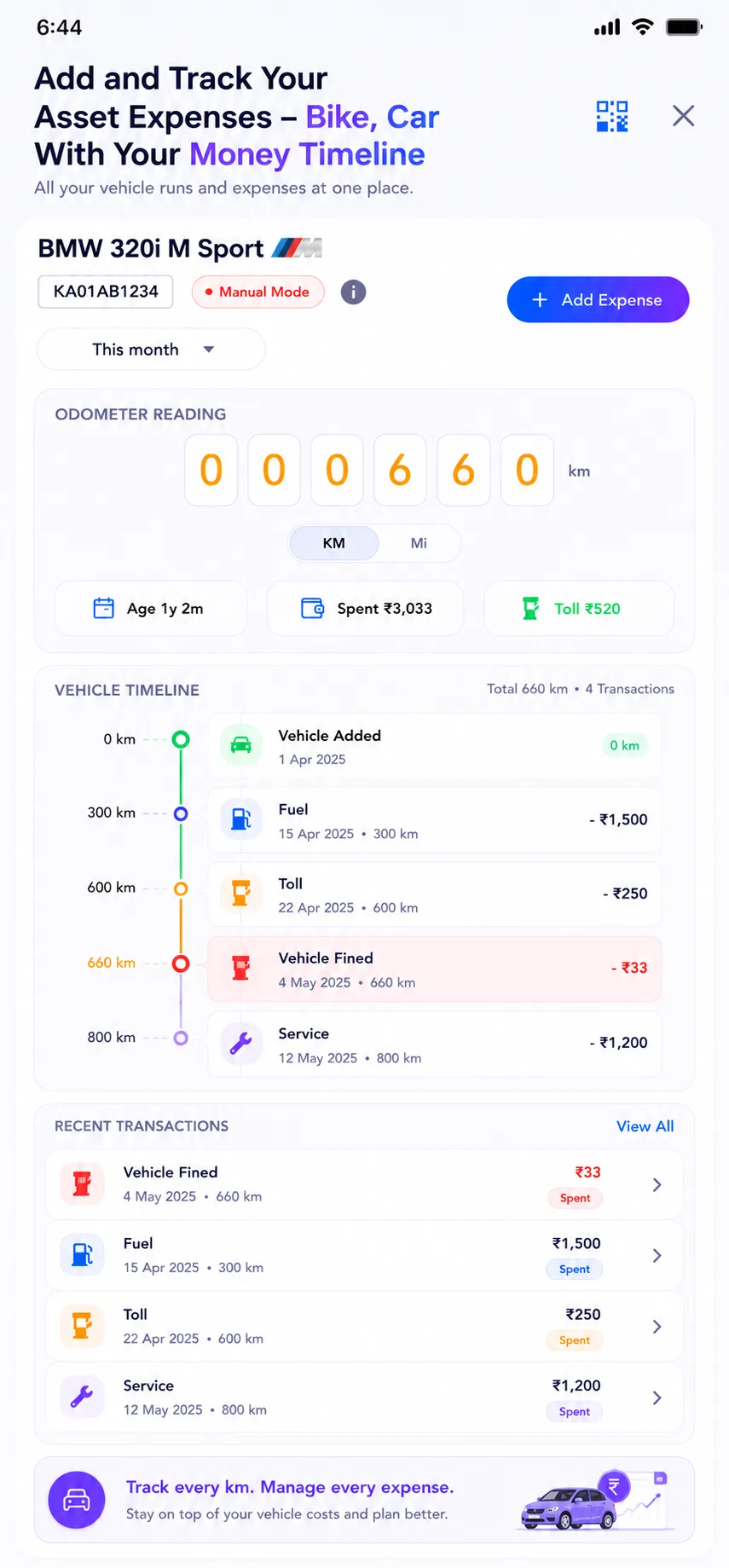 NeedAap vehicle expense timeline with fuel toll and service entries